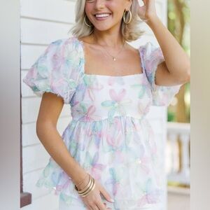 $Merci Floral Puff Sleeve Blouse - Multicolor with sparkles